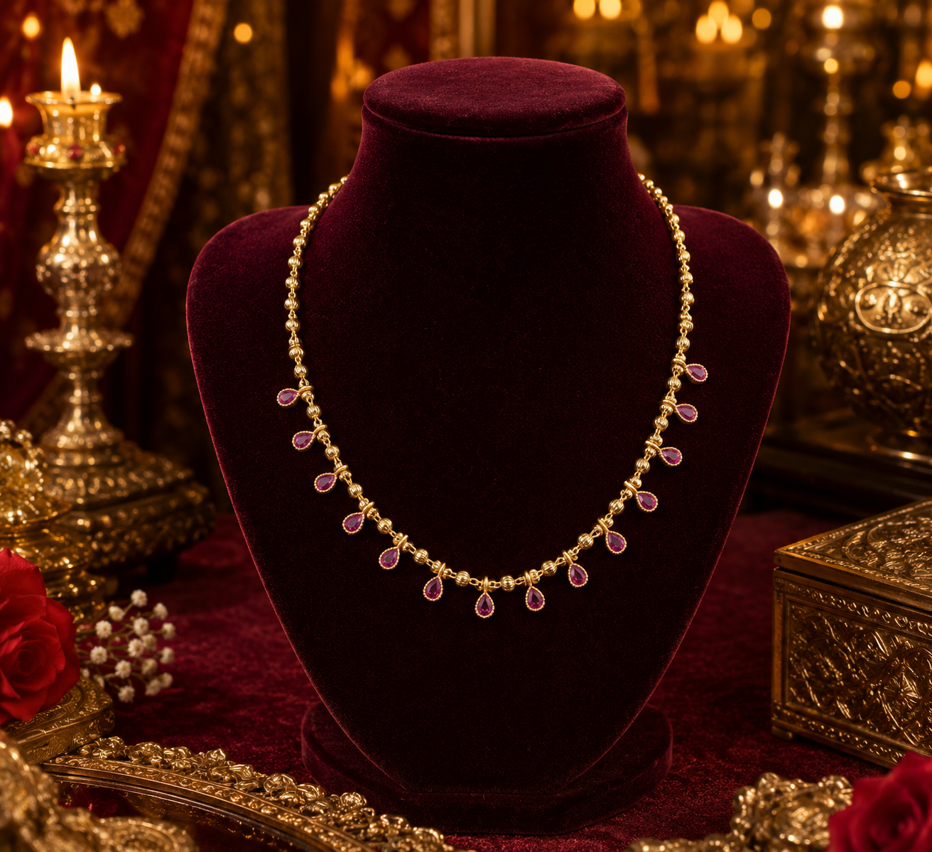 Belliza Jewells Ruby Drop Gold Necklace