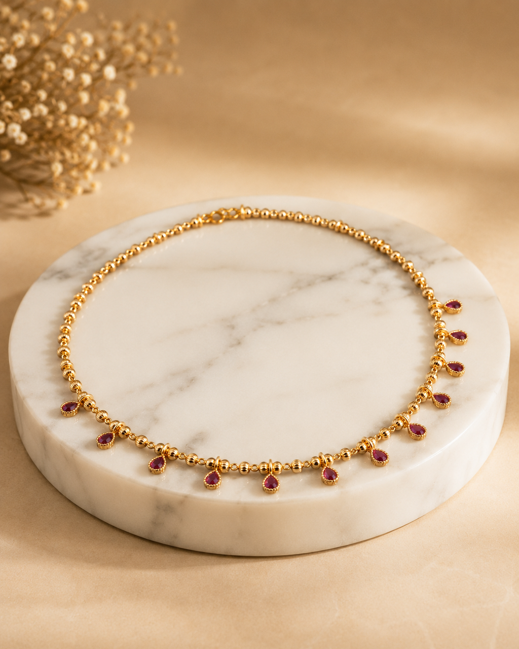 Belliza Jewells Ruby Drop Gold Necklace