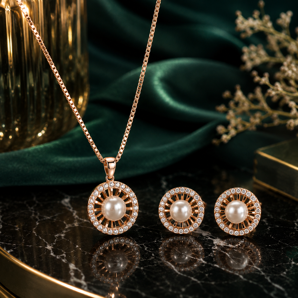 Pearl Halo Rose Gold Pendant Set